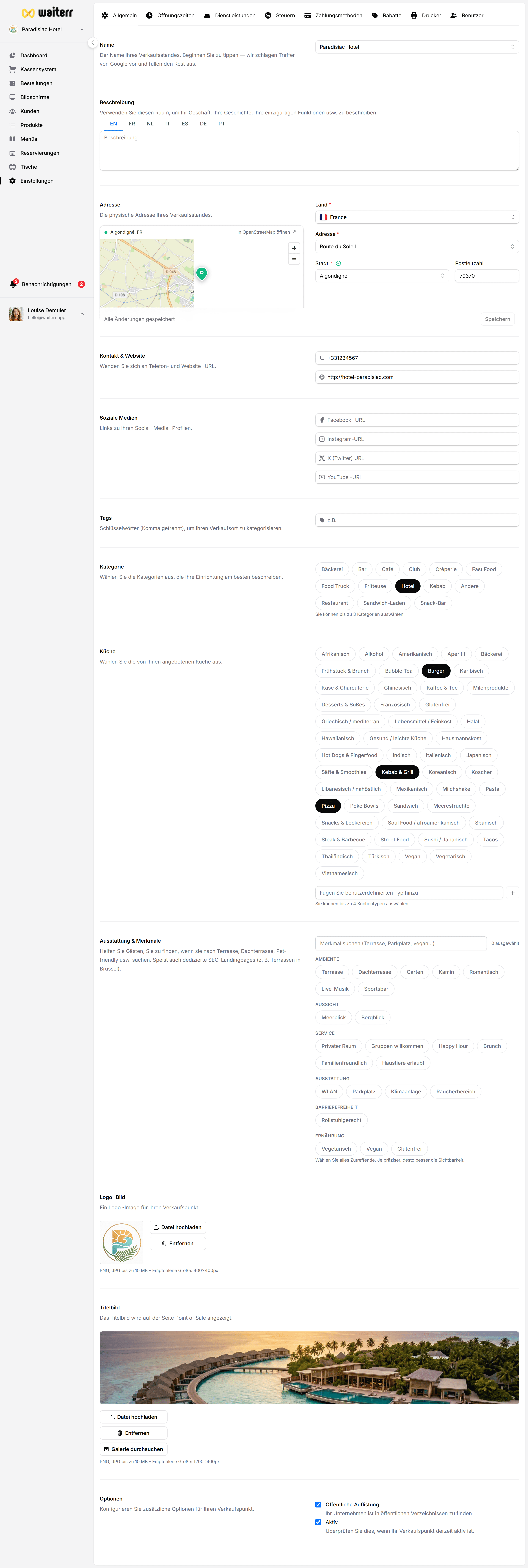 Waiterr Manager — settings cuisine