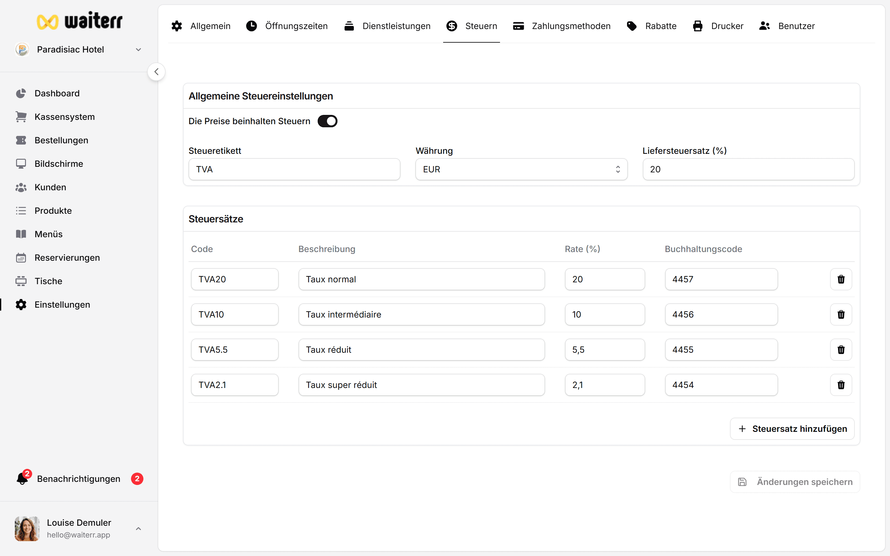 Waiterr Manager — taxes rates