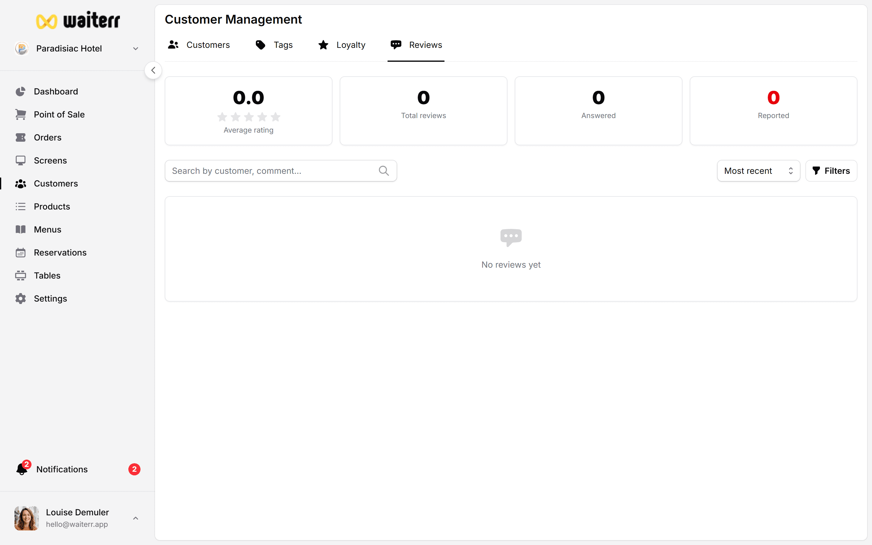 Waiterr Manager — customer reviews filters