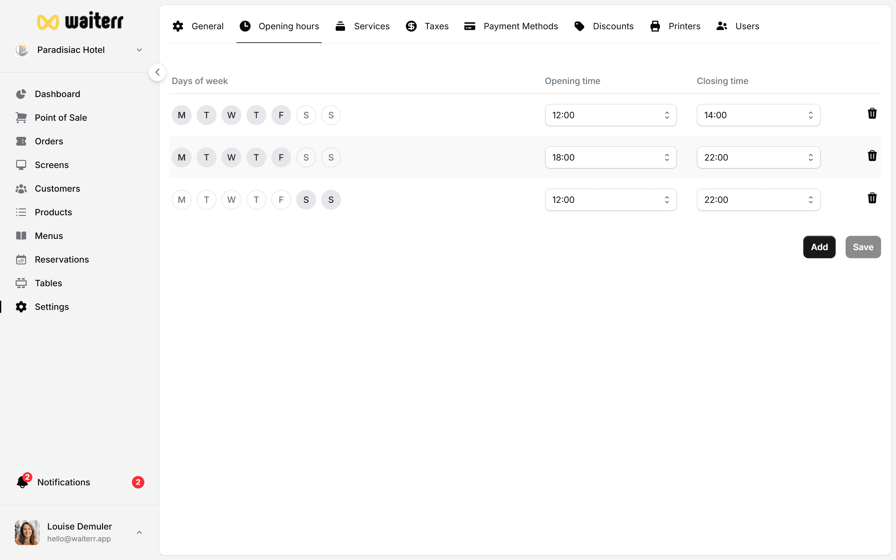 Waiterr Manager — settings opening hours