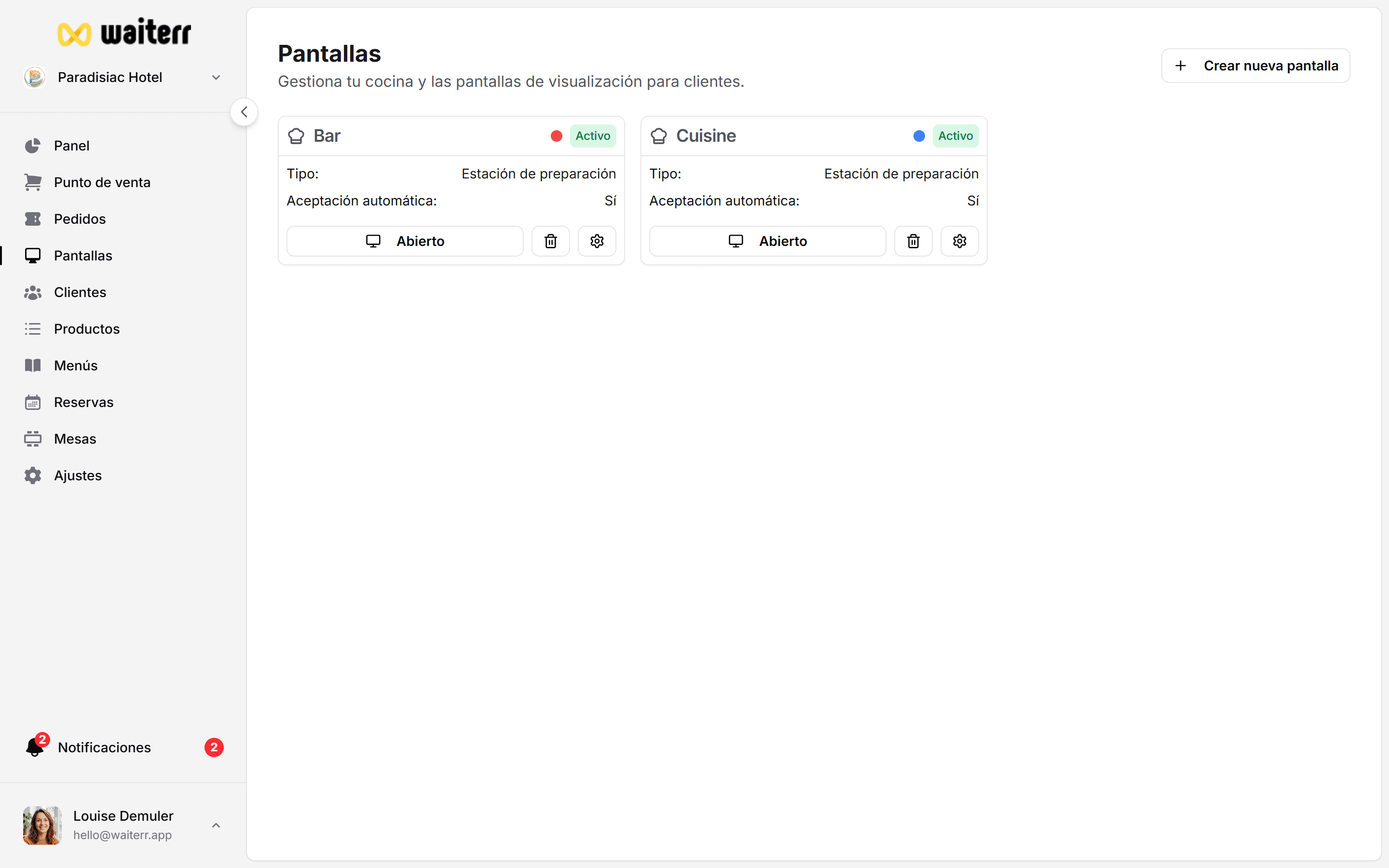 Waiterr Manager — client display overview