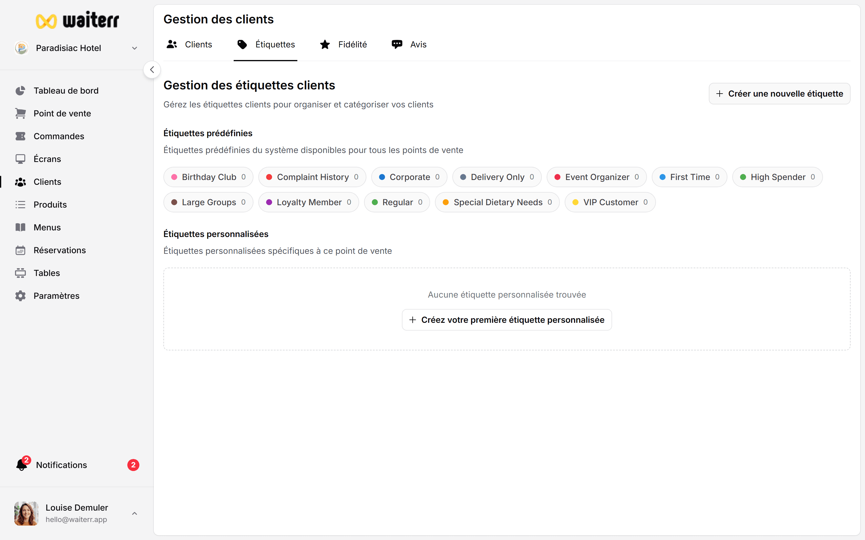 Waiterr Manager — client notes tags