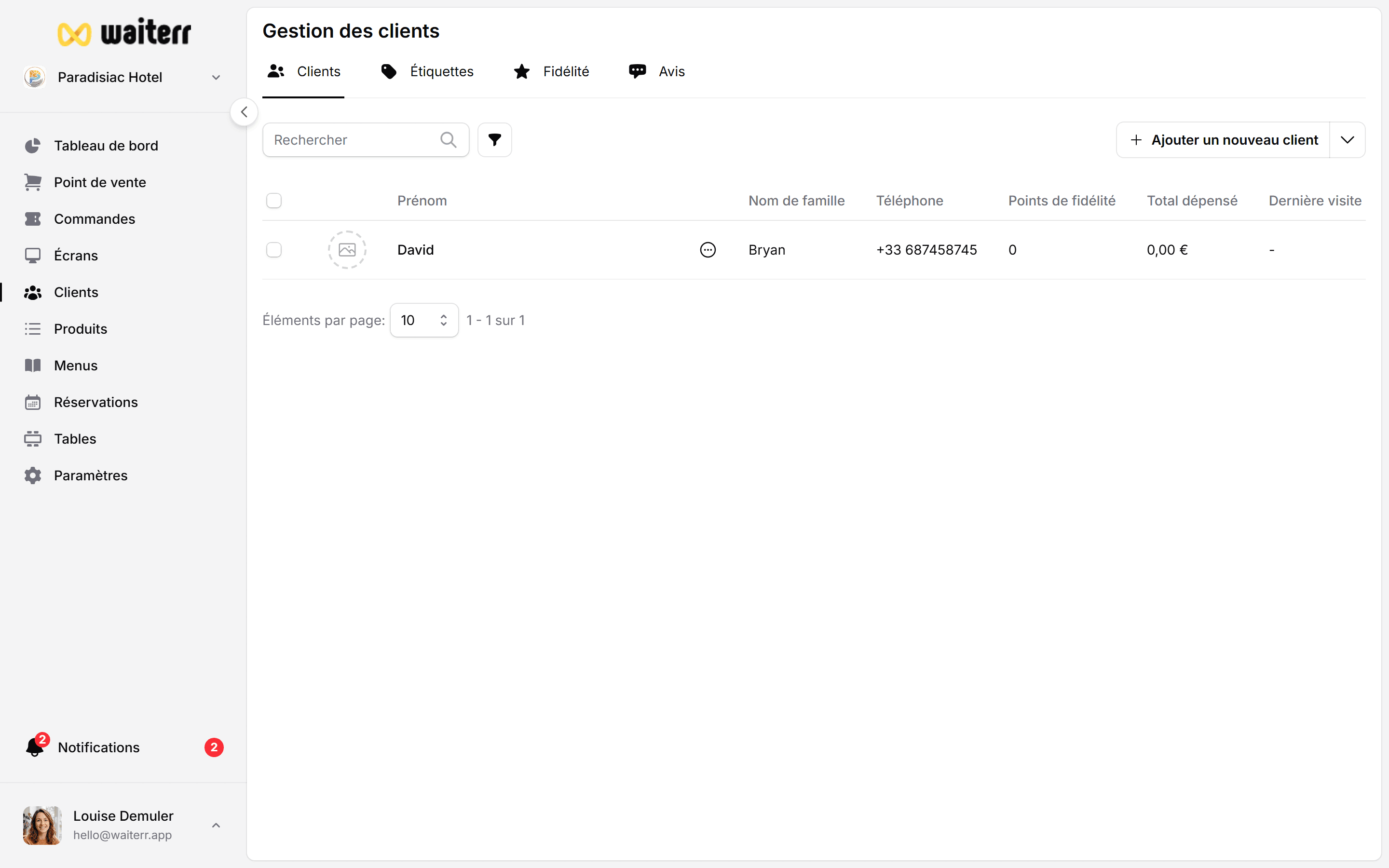Waiterr Manager — clients list columns