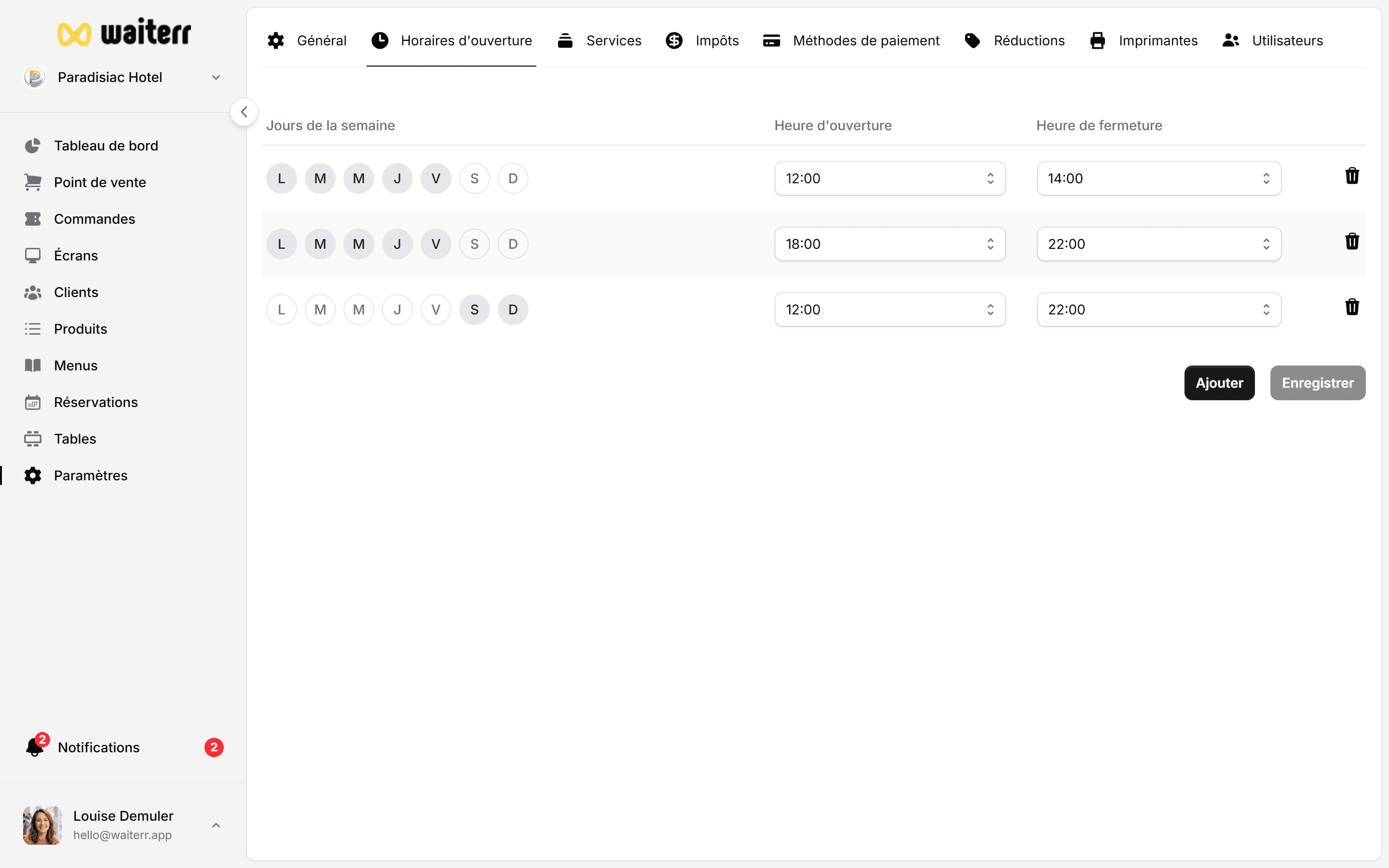 Waiterr Manager — settings opening hours
