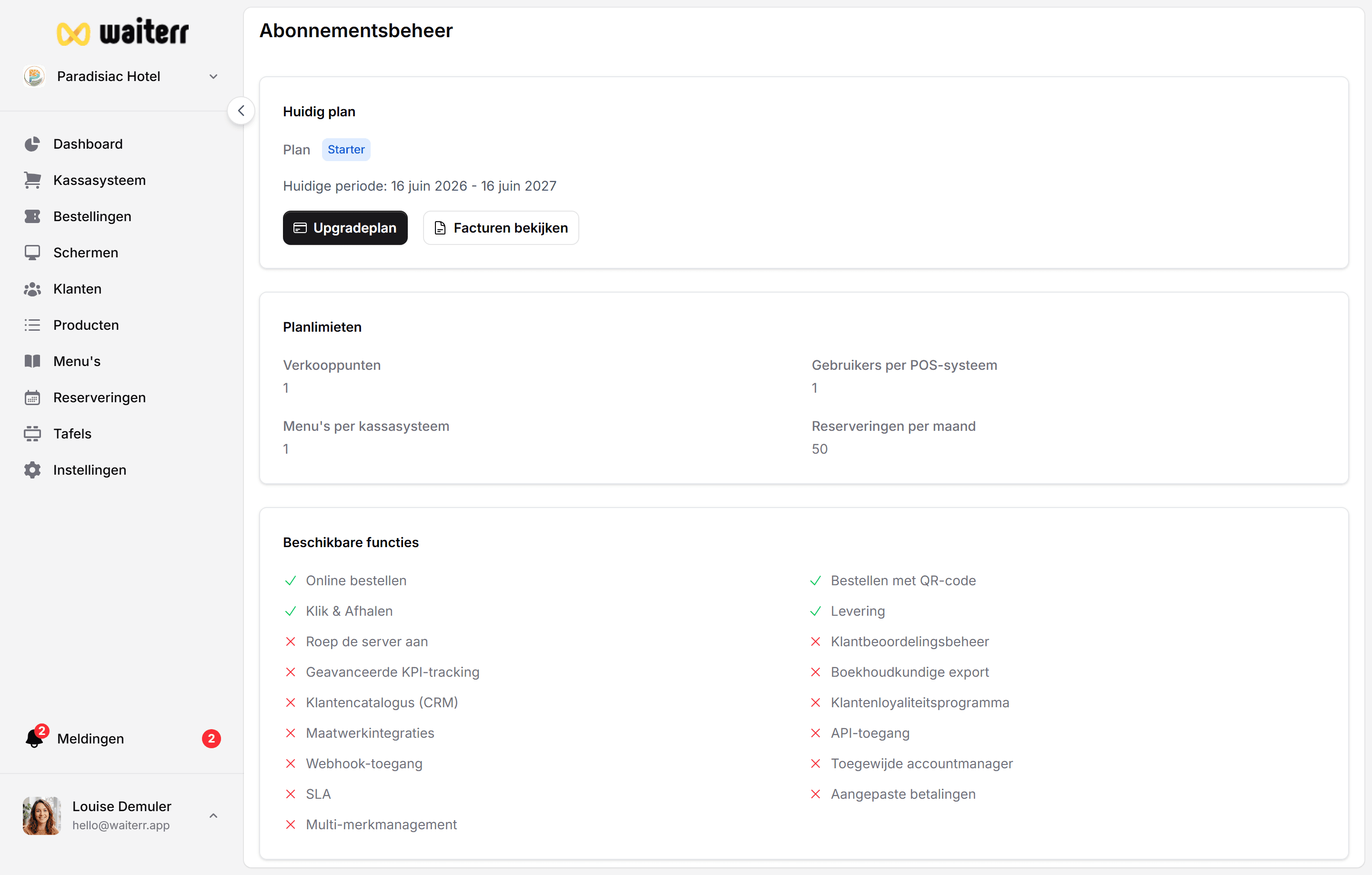 Waiterr Manager — billing overview