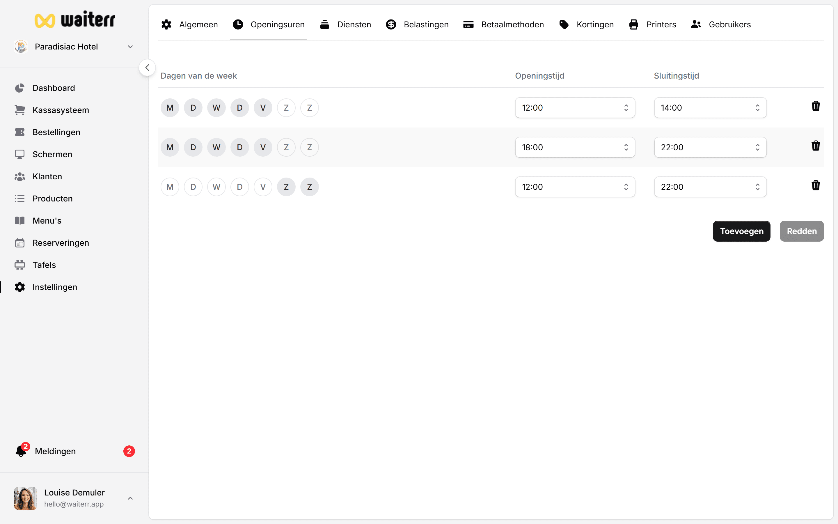 Waiterr Manager — settings opening hours