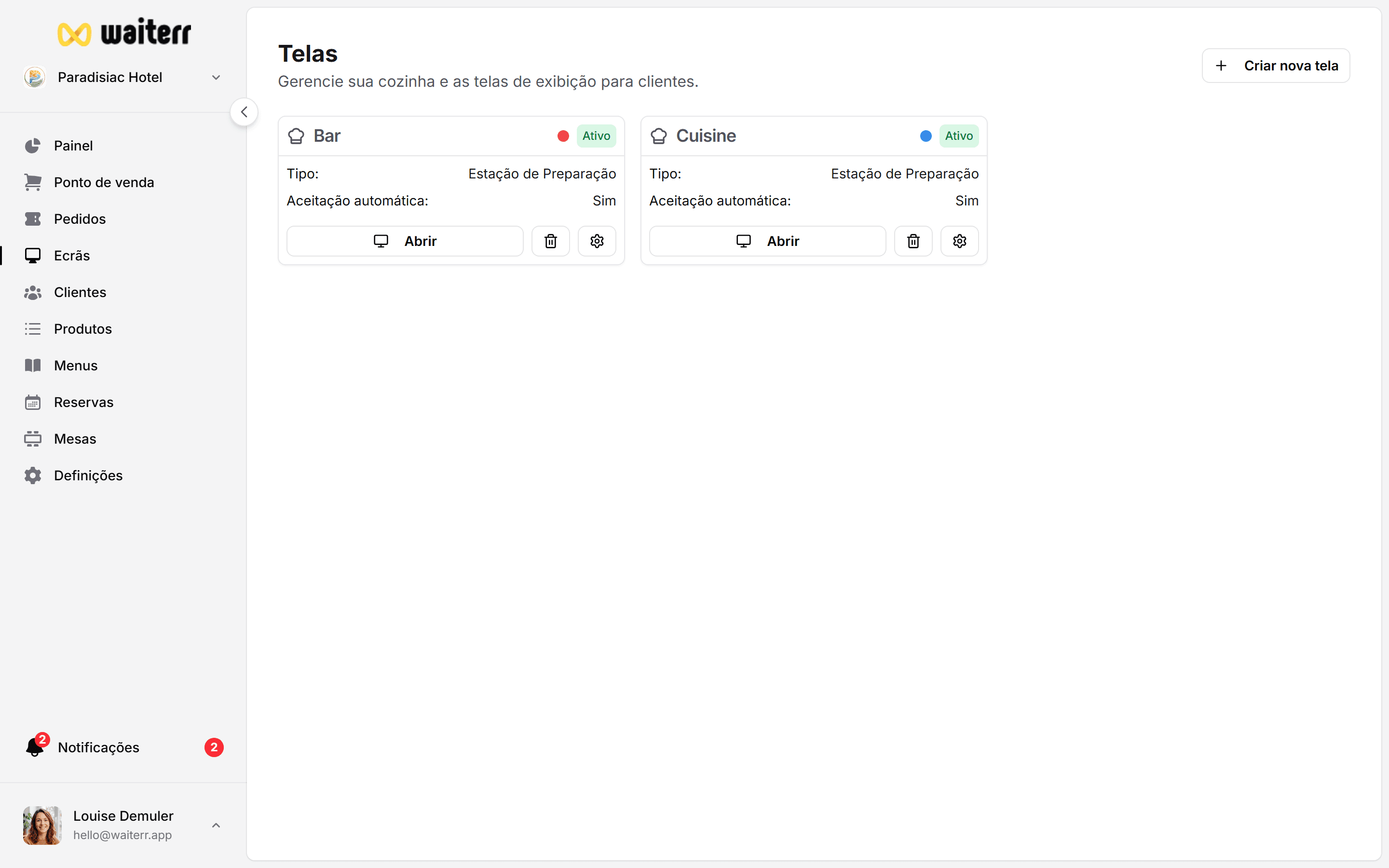 Waiterr Manager — client display overview