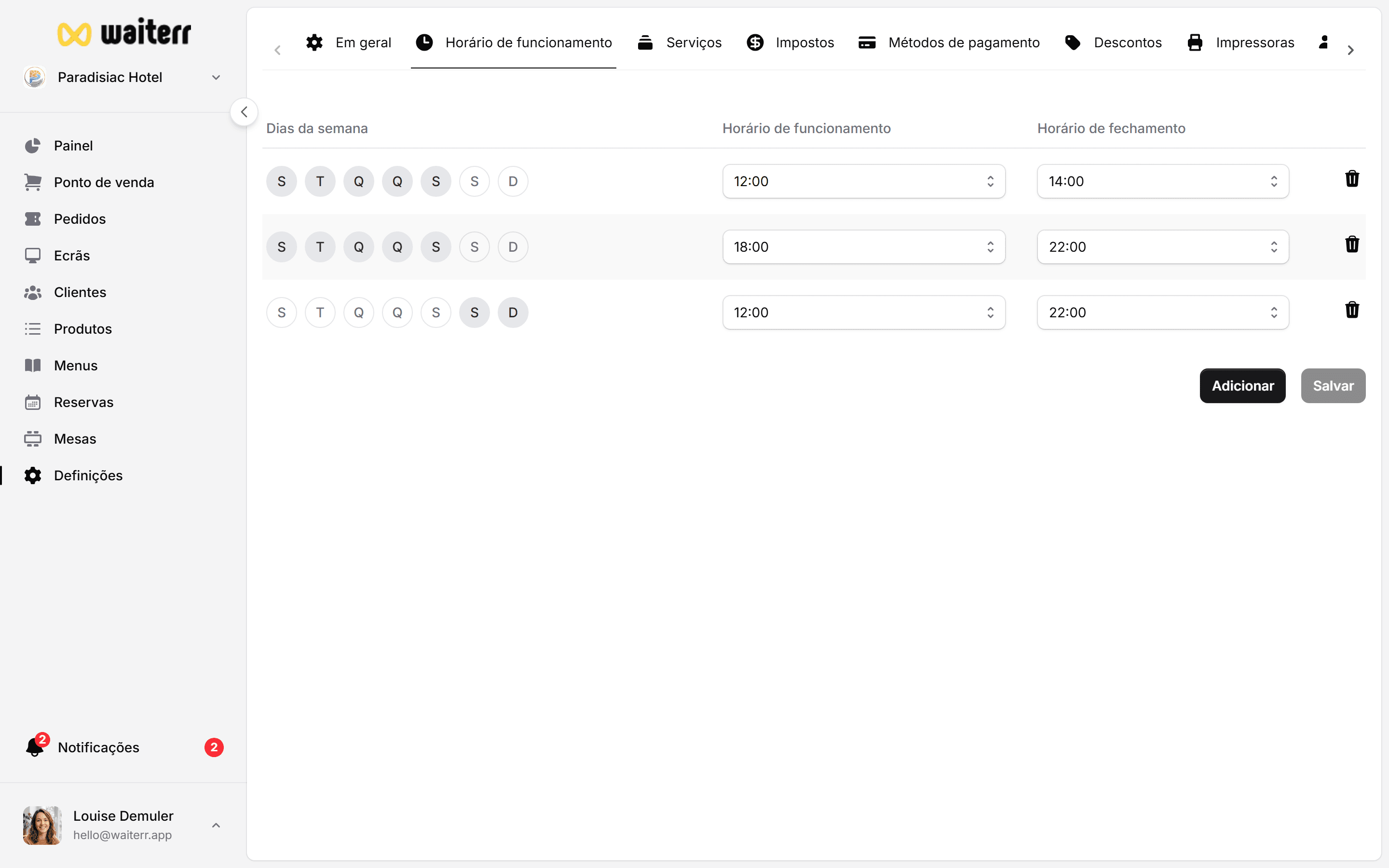 Waiterr Manager — settings opening hours
