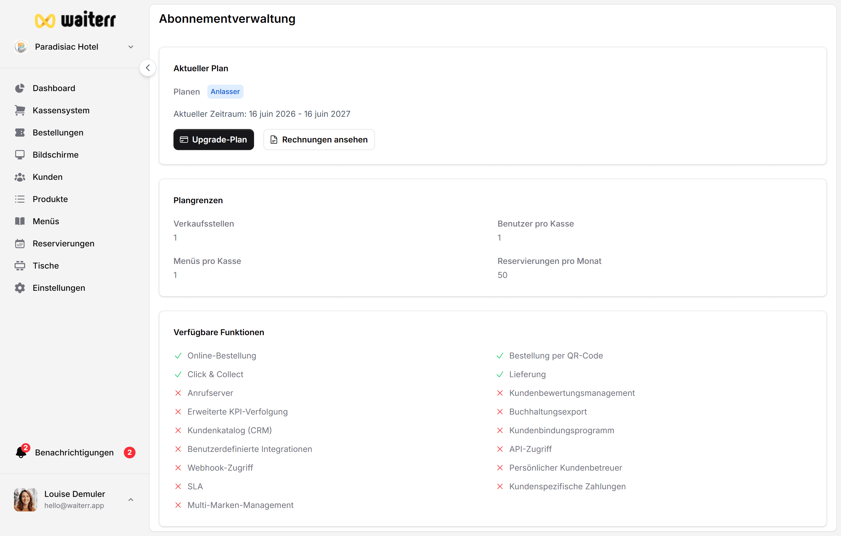 Waiterr Manager — billing page