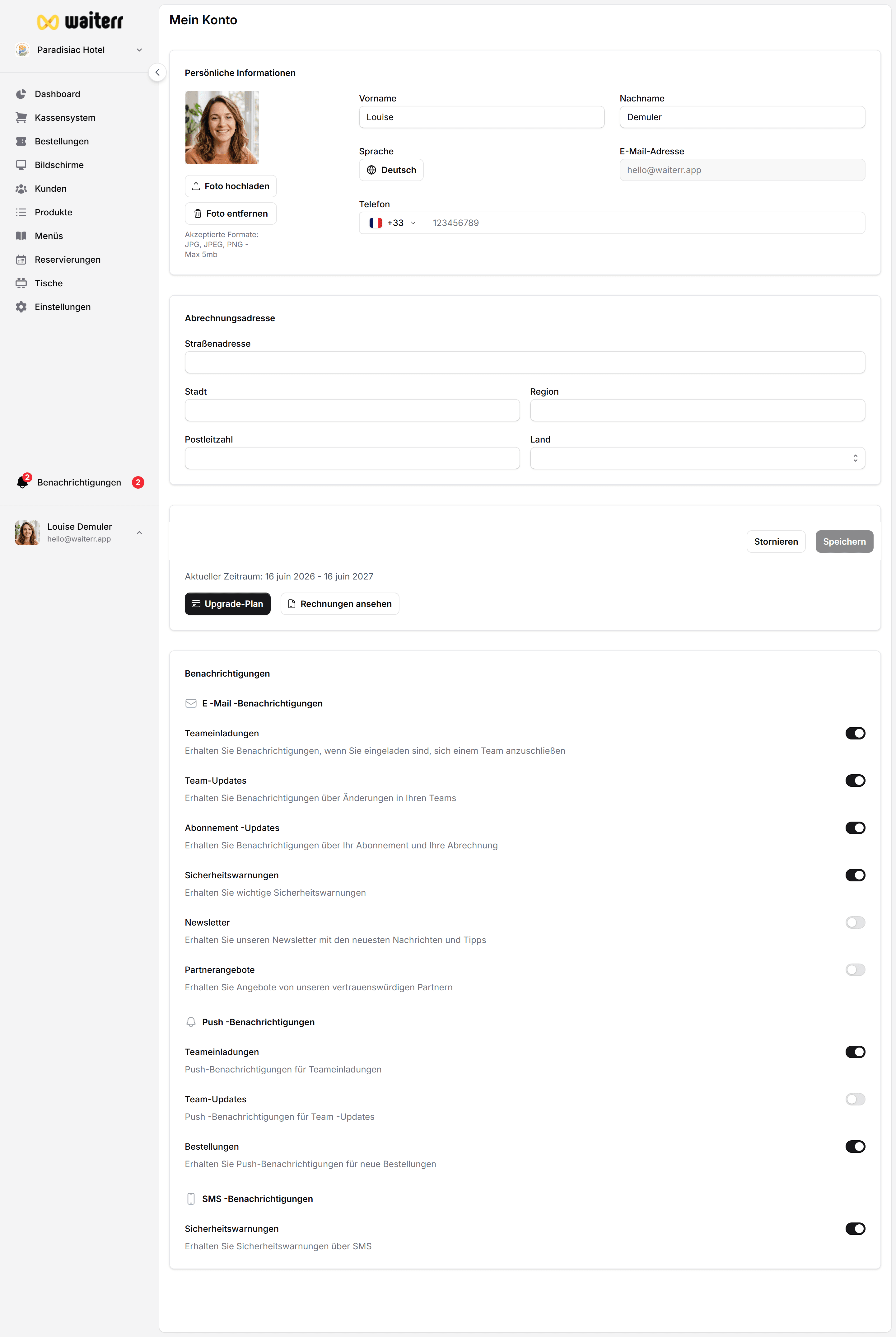 Waiterr Manager — notifications settings