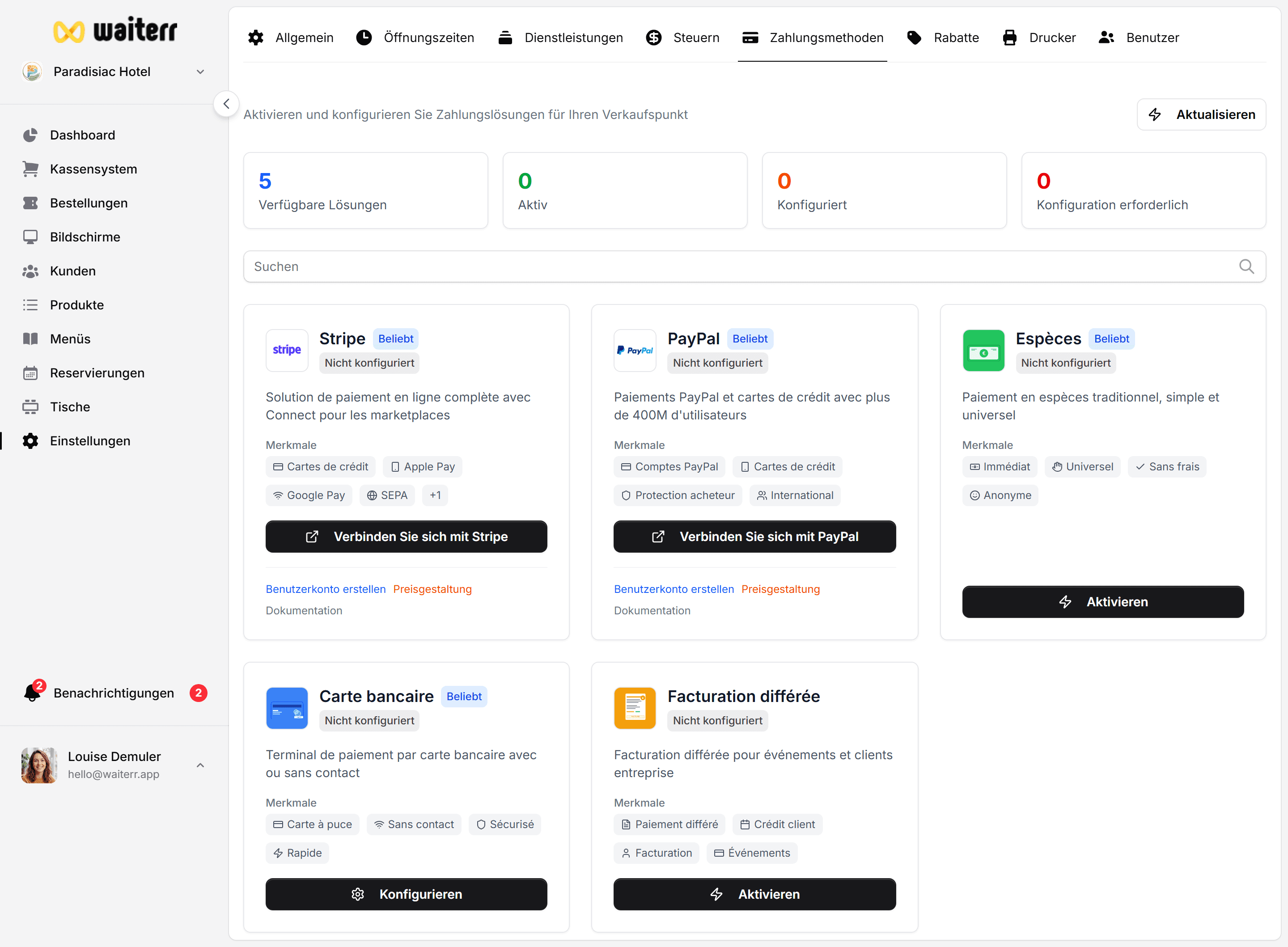 Waiterr Manager — payments settings
