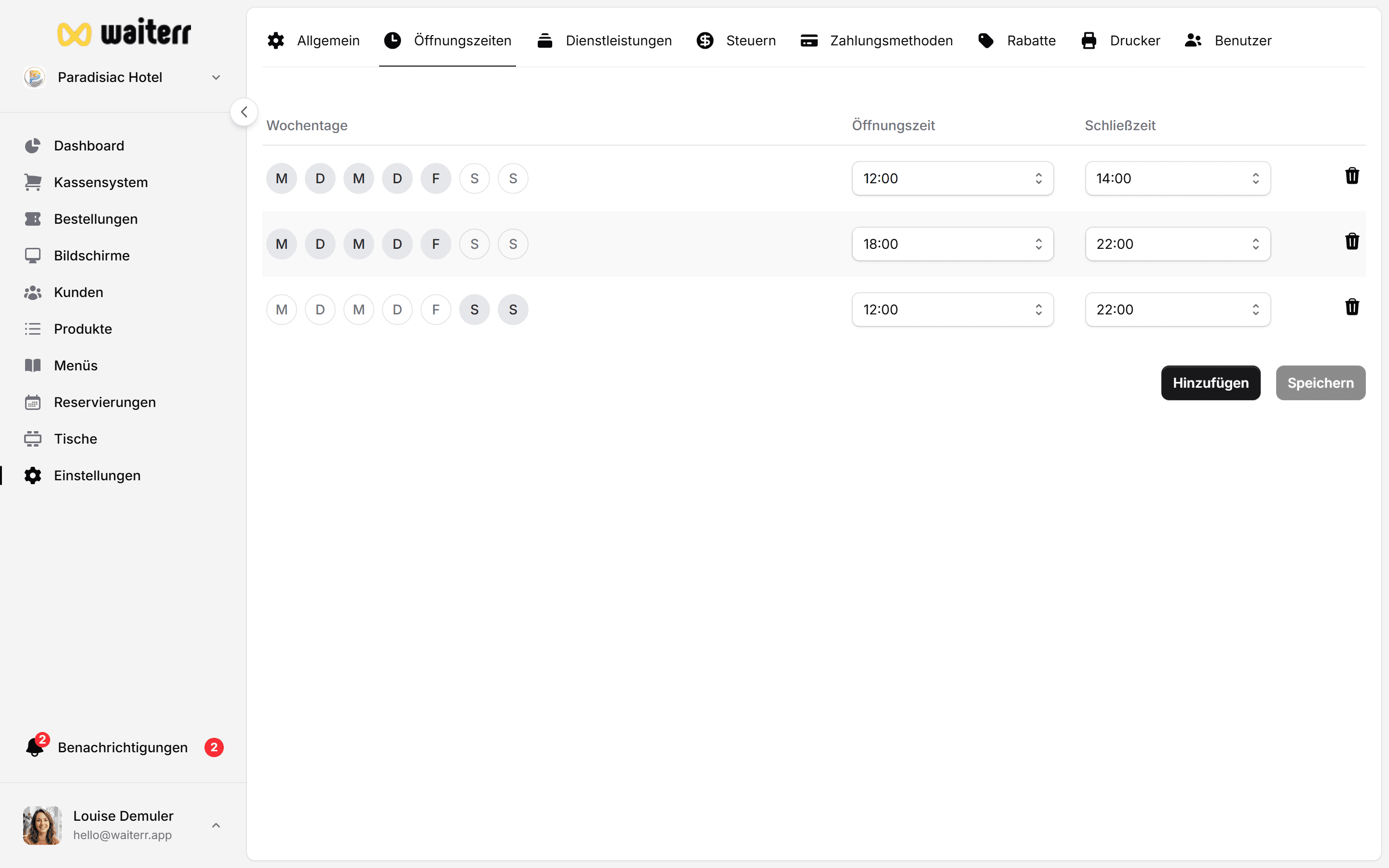 Waiterr Manager — settings opening hours