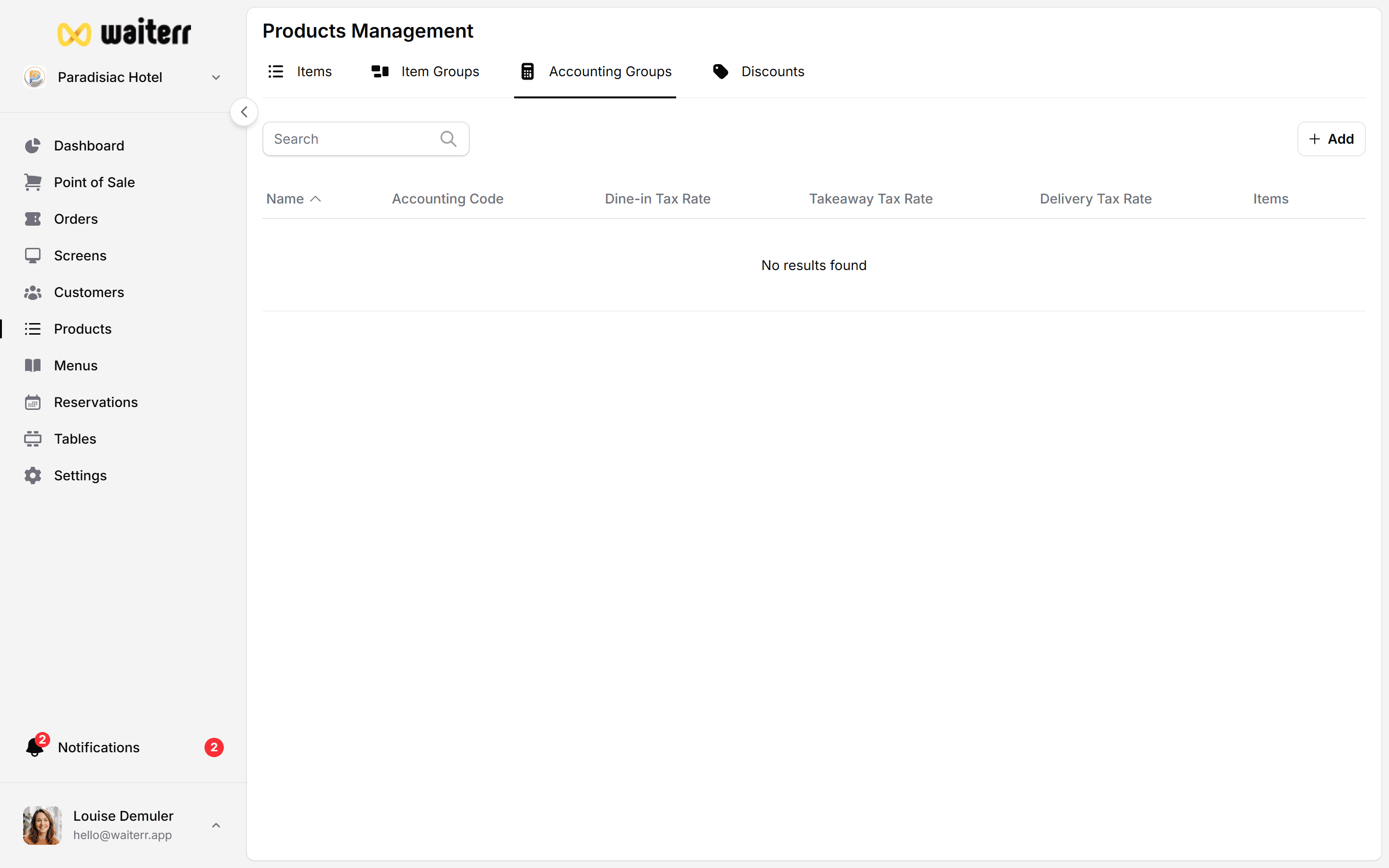 Waiterr Manager — accounting groups overview