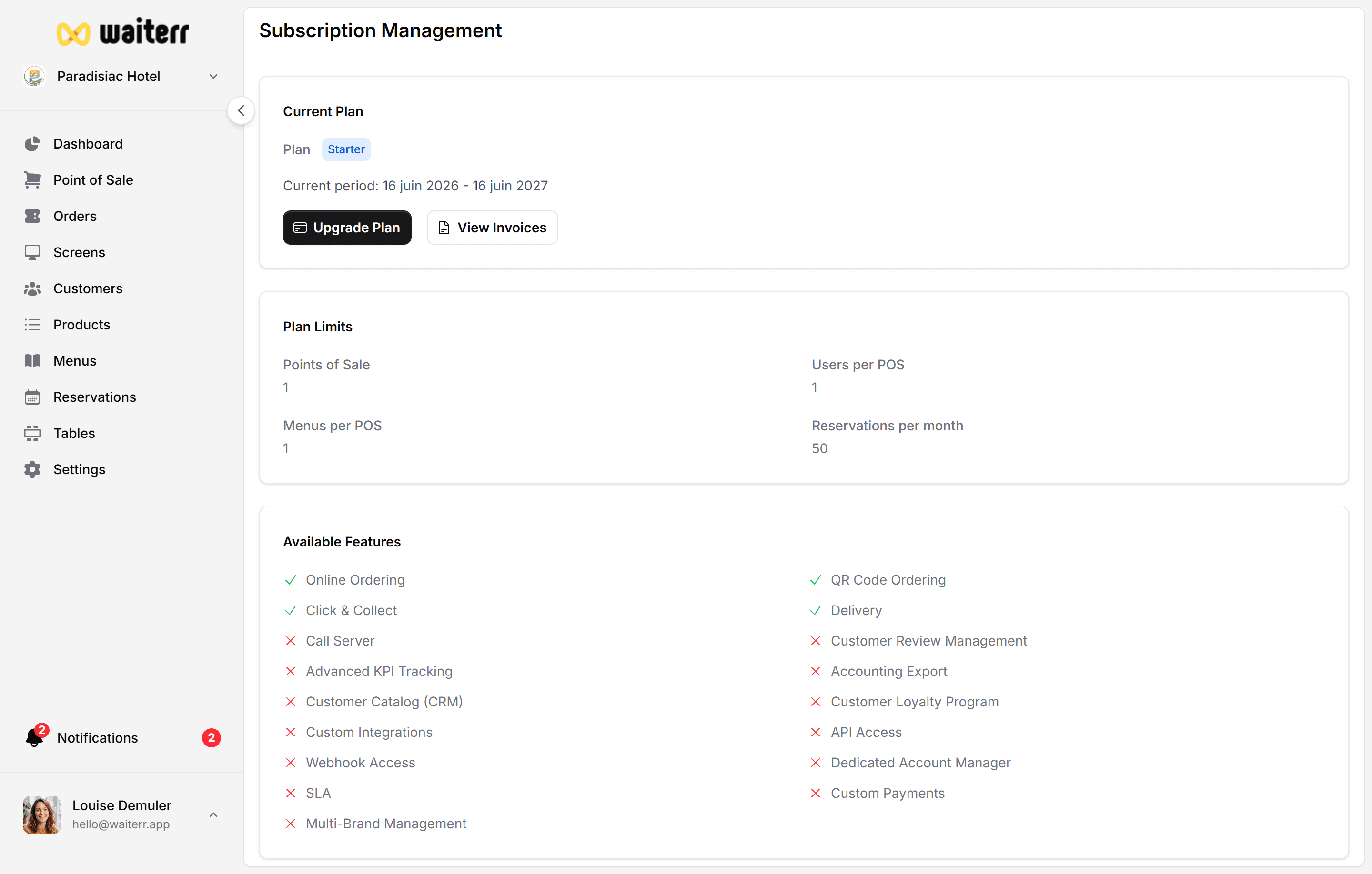 Waiterr Manager — billing overview