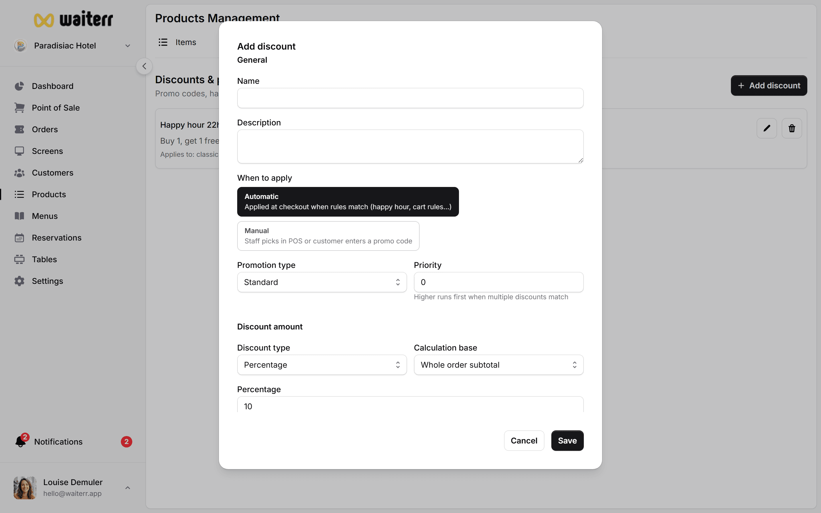 Waiterr Manager — discount form