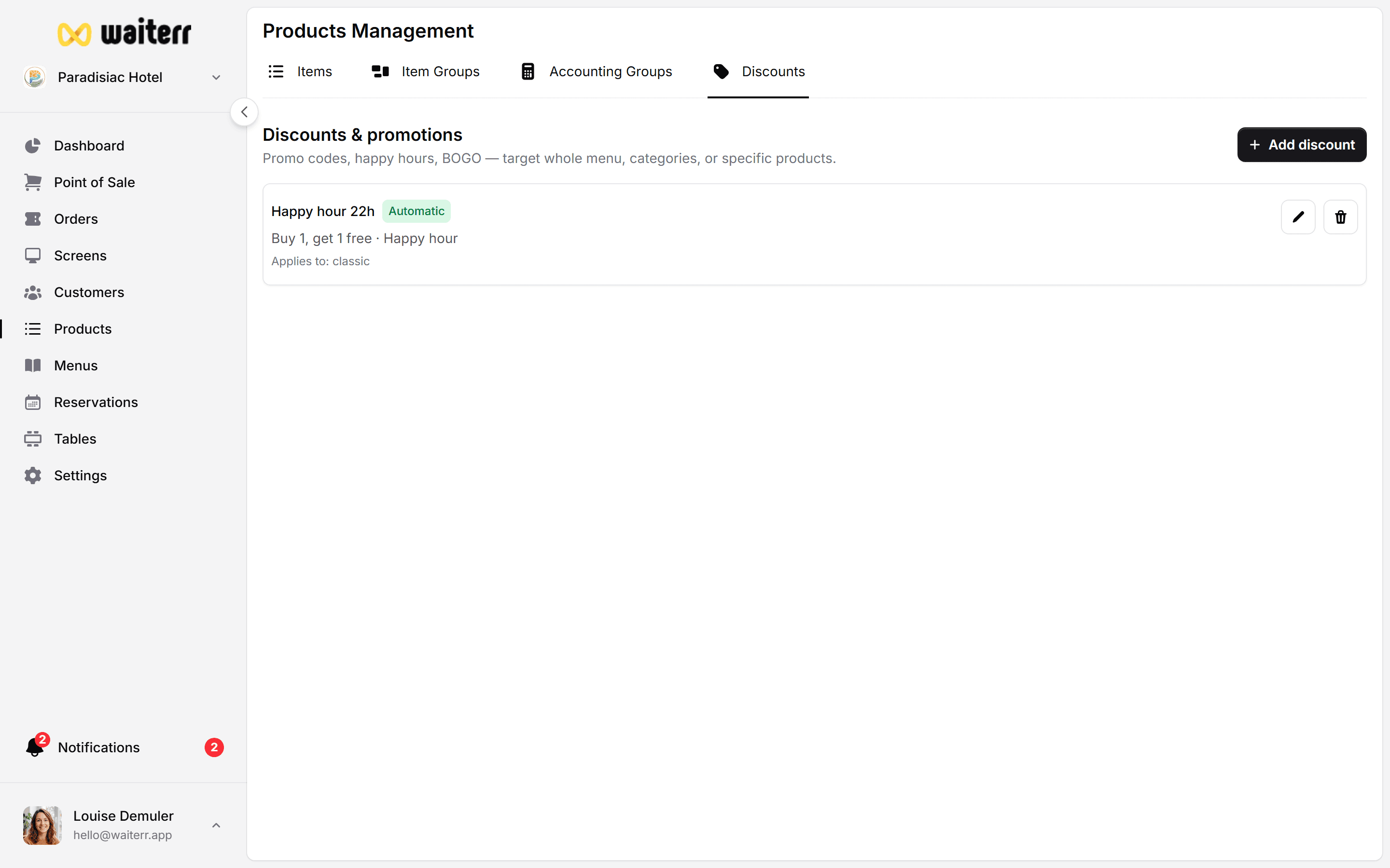 Waiterr Manager — discounts list