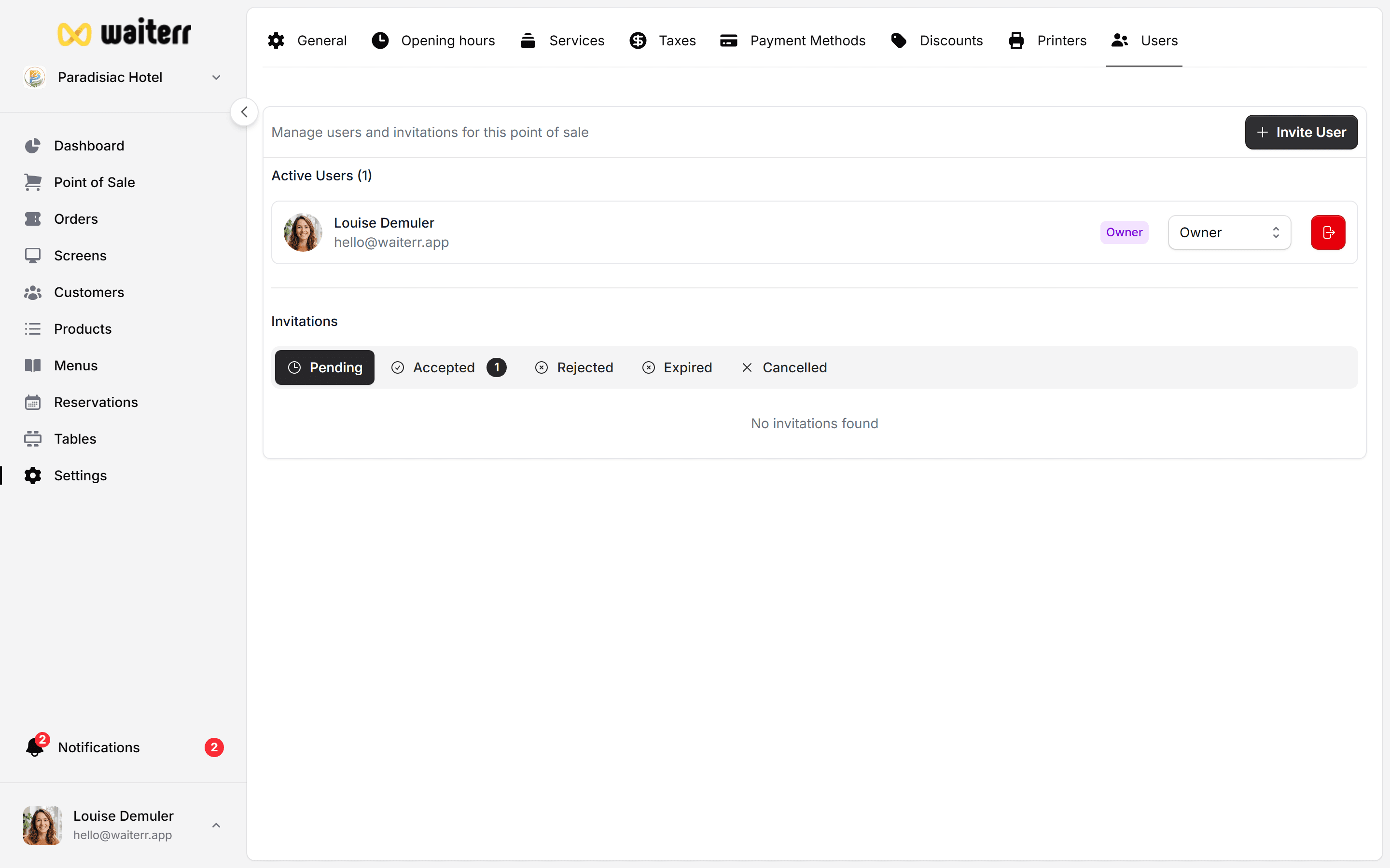 Waiterr Manager — invite user