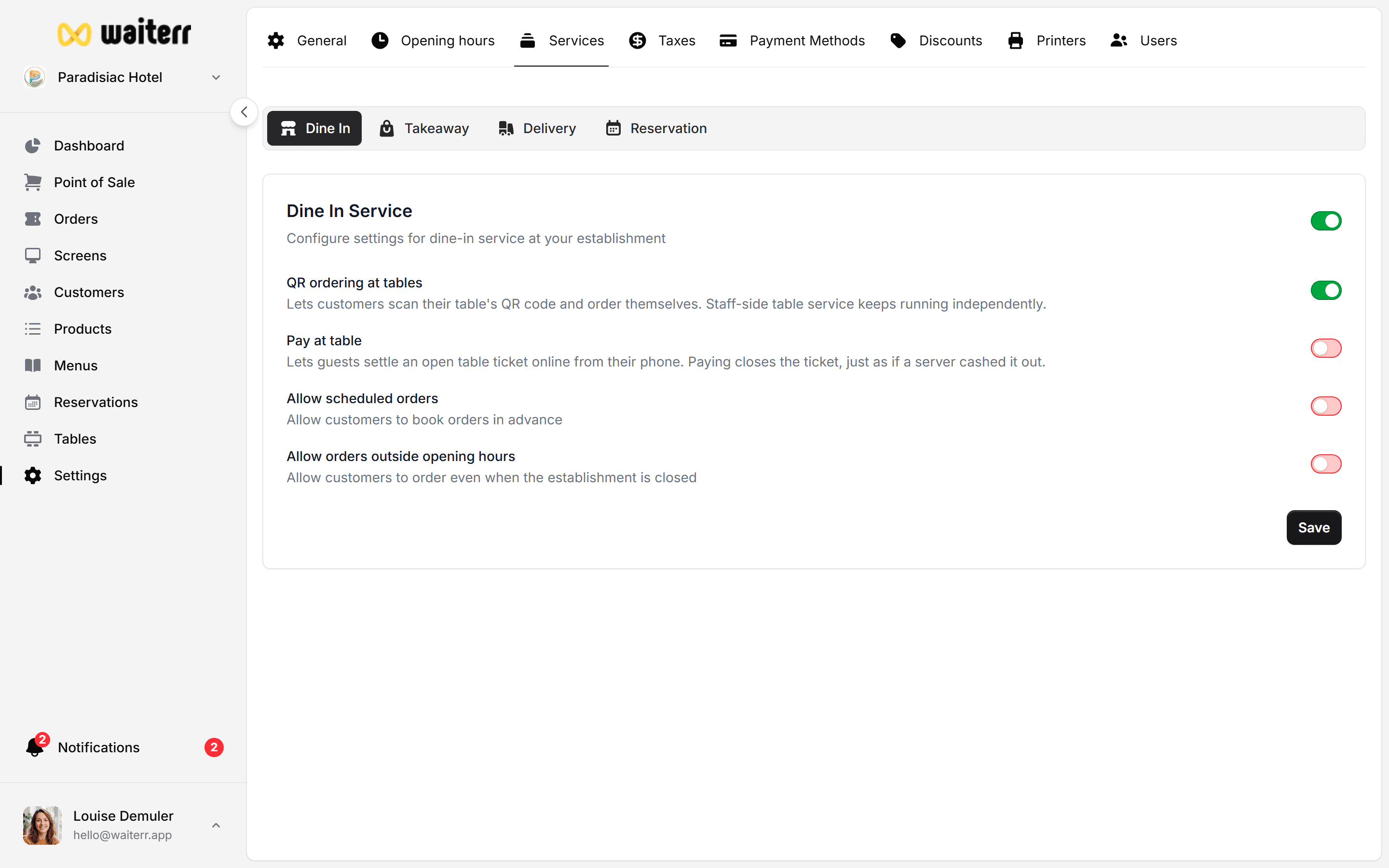 Waiterr Manager — service dine in