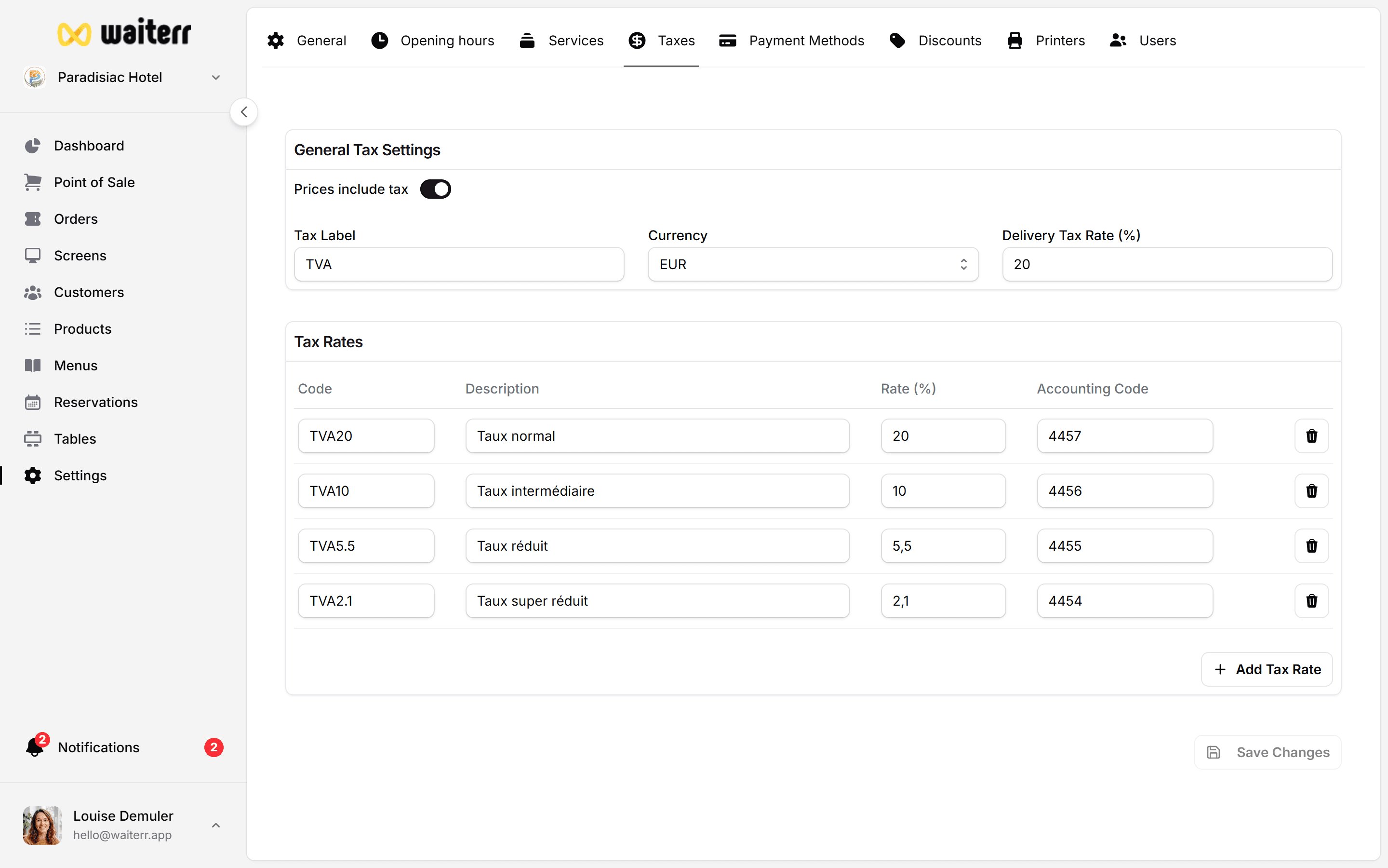 Waiterr Manager — taxes rates