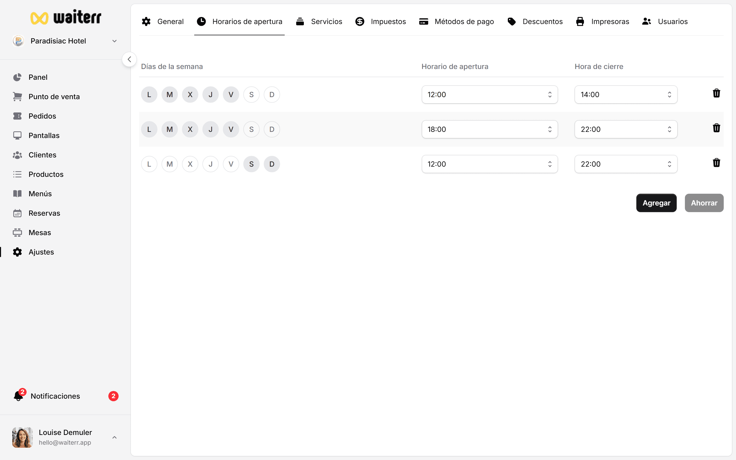 Waiterr Manager — settings opening hours