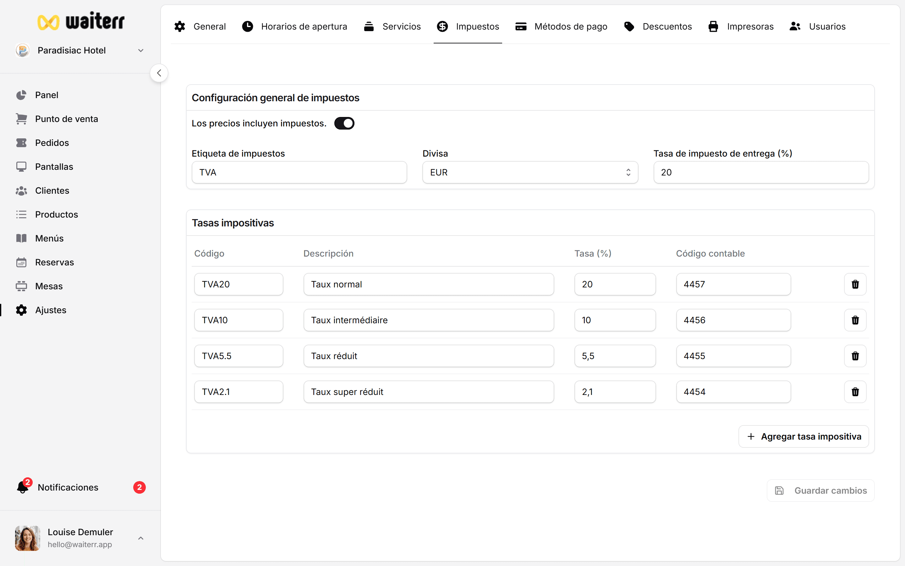 Waiterr Manager — taxes rates