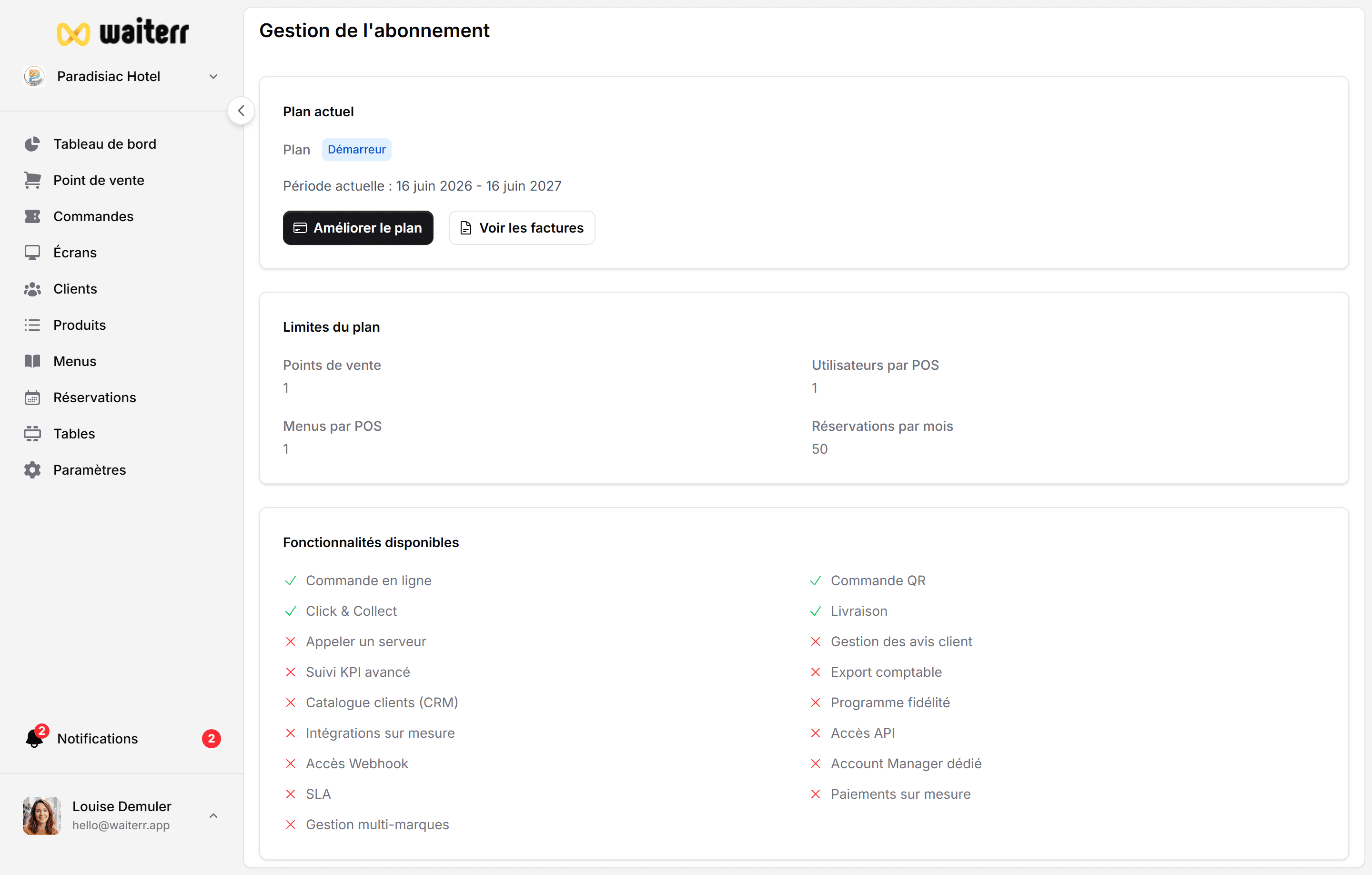 Waiterr Manager — billing overview