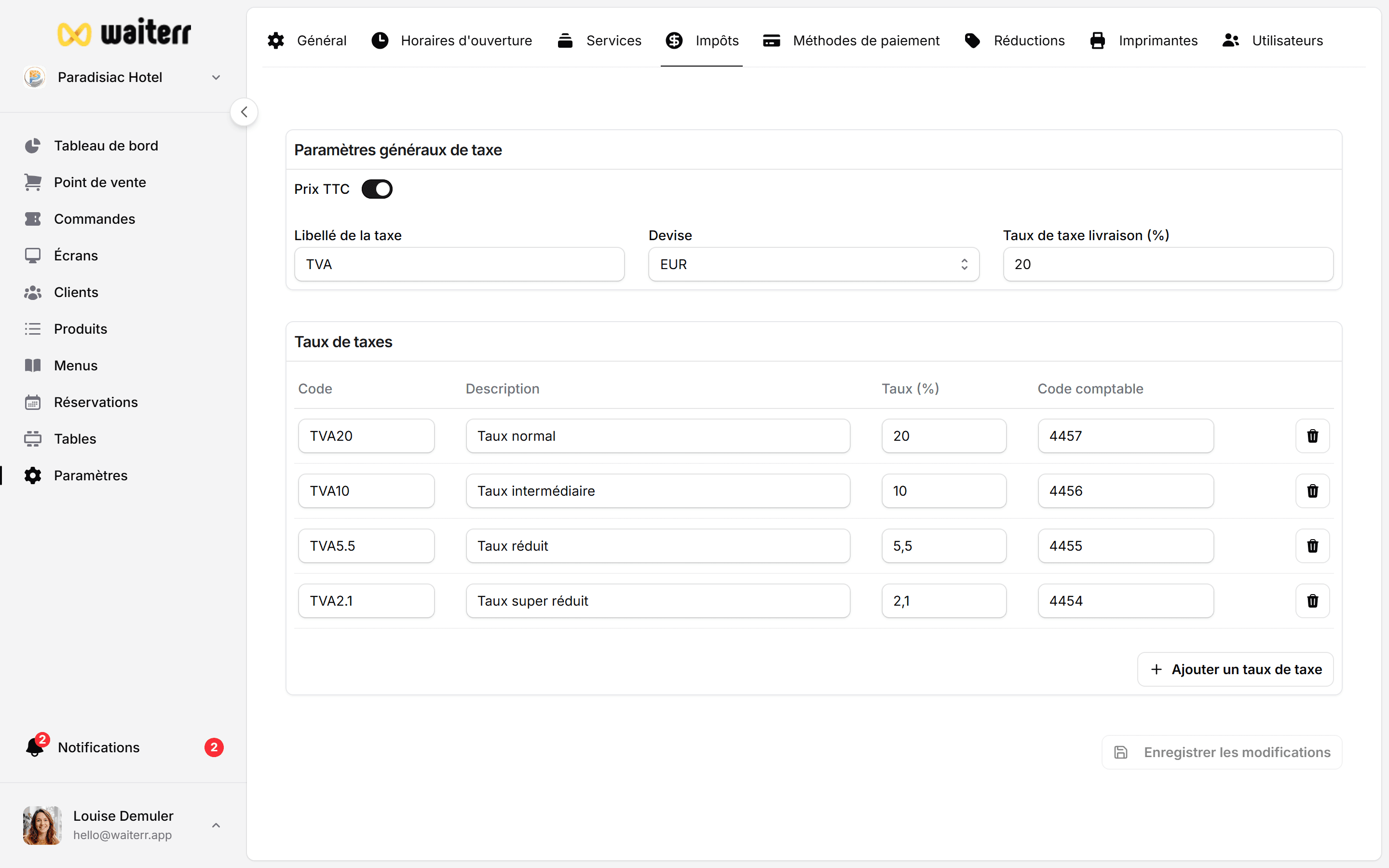 Waiterr Manager — taxes rates