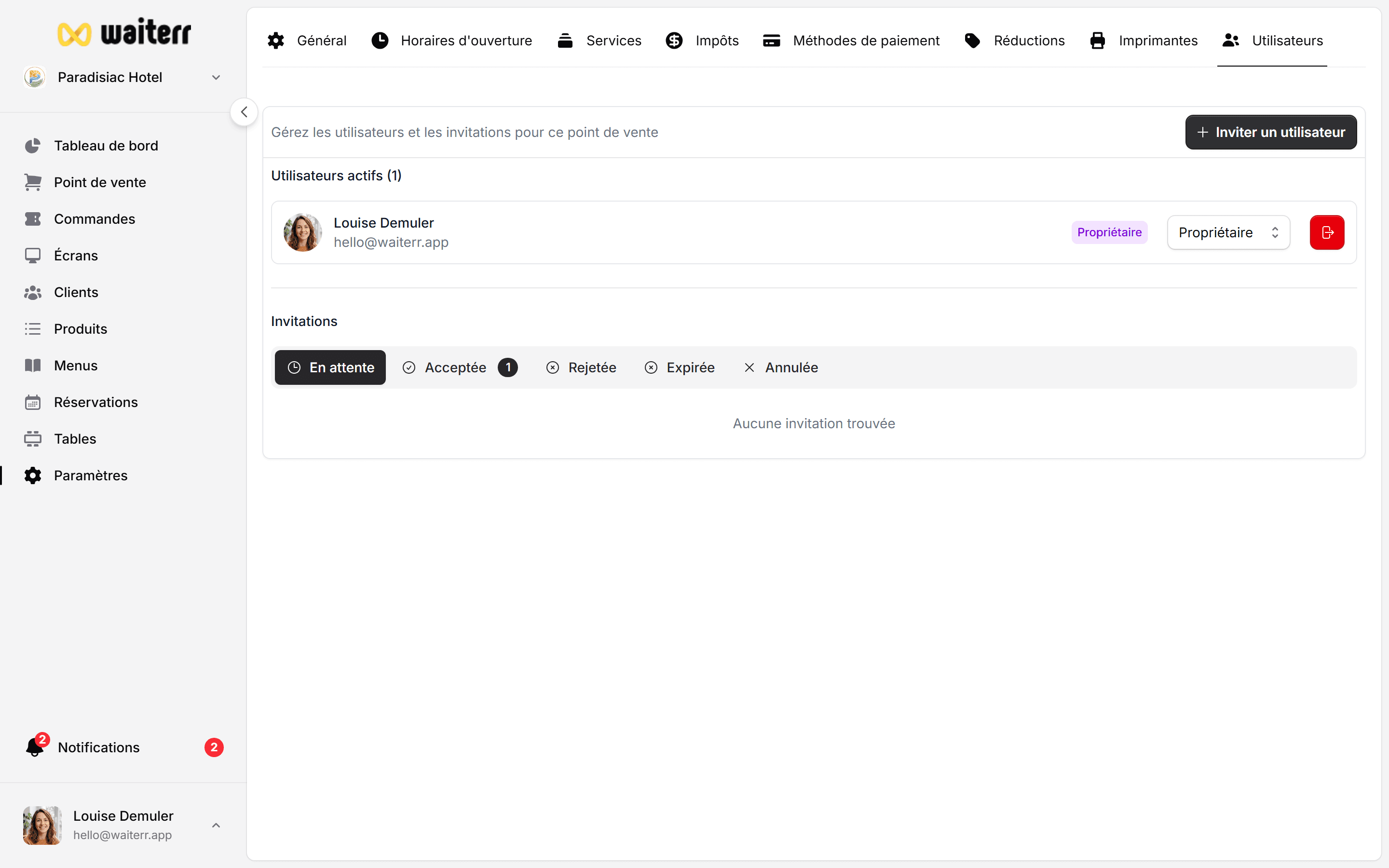 Waiterr Manager — users overview