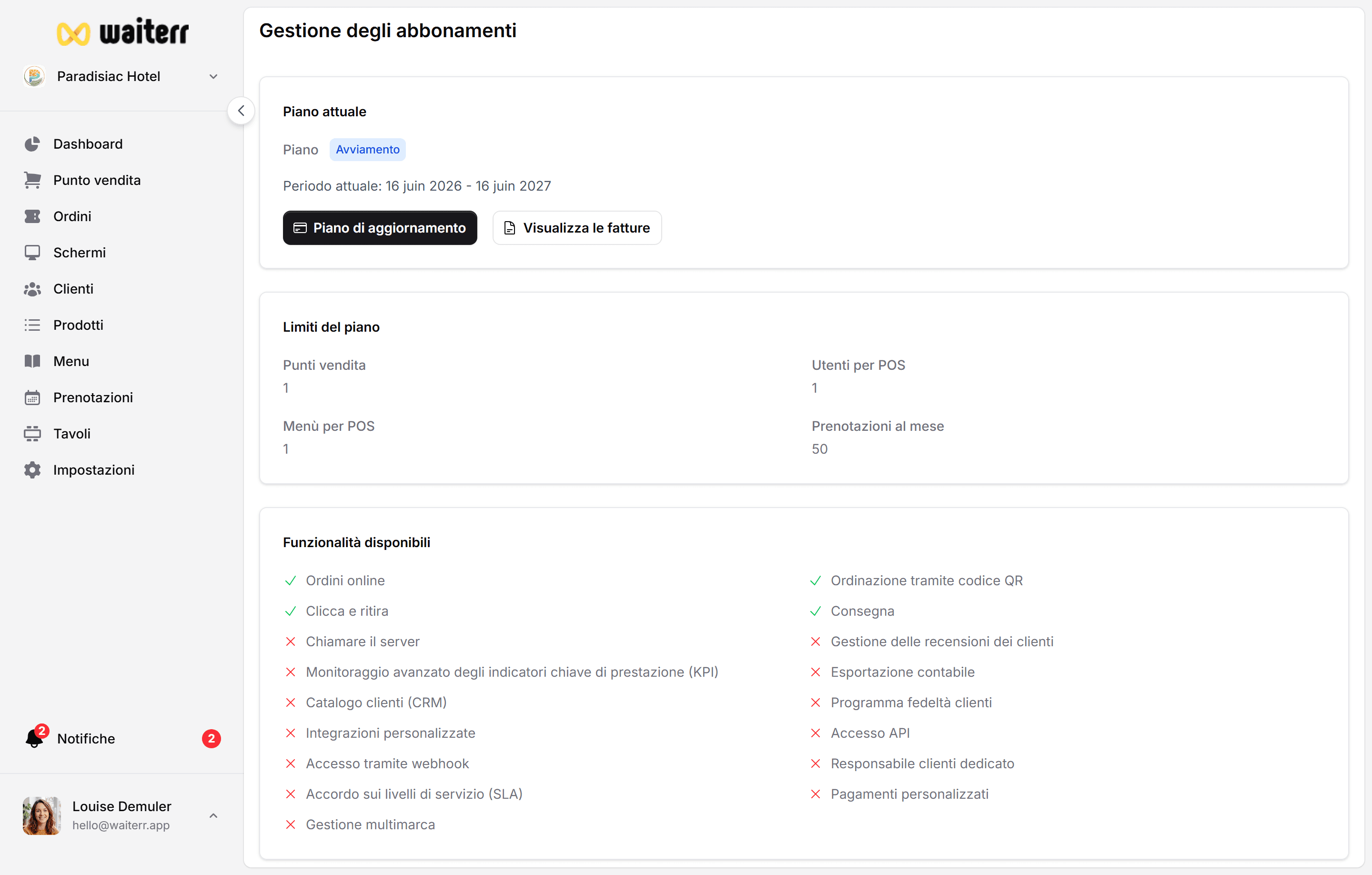 Waiterr Manager — billing page