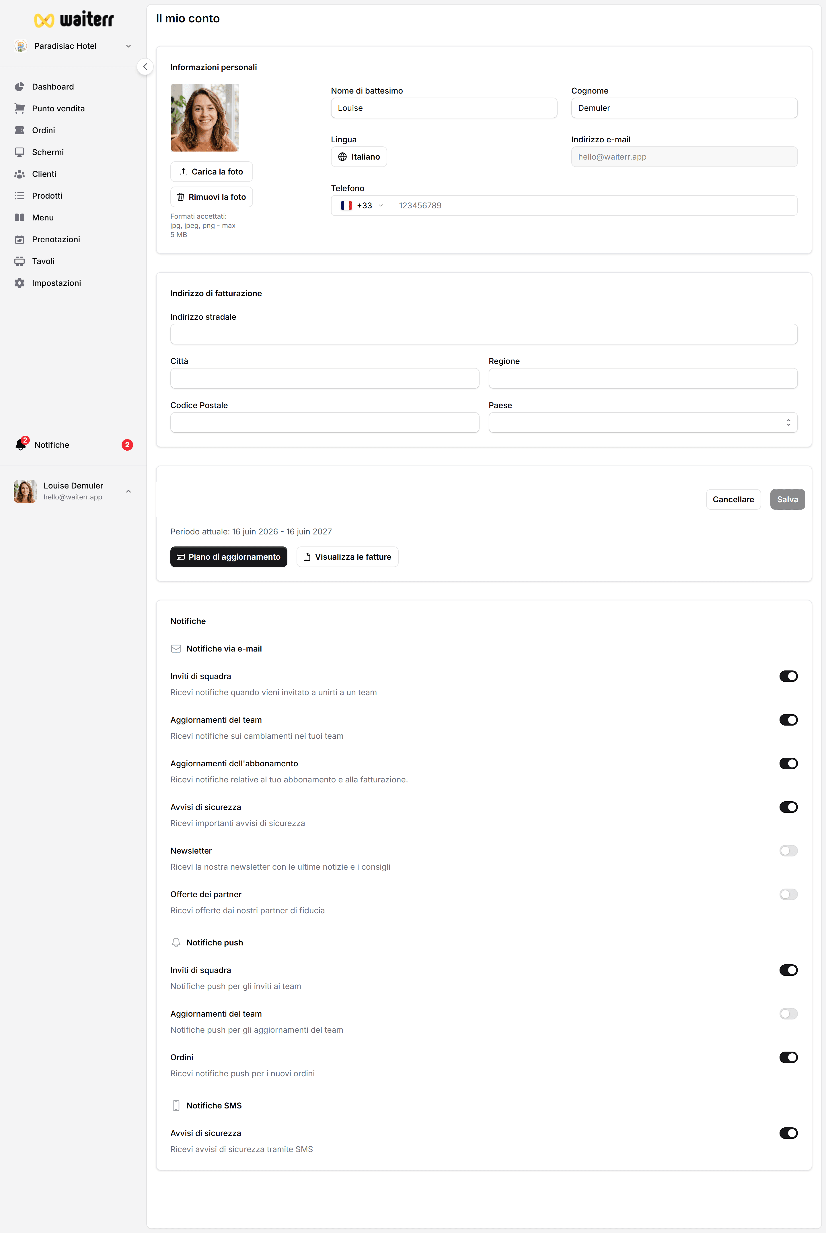 Waiterr Manager — notifications overview