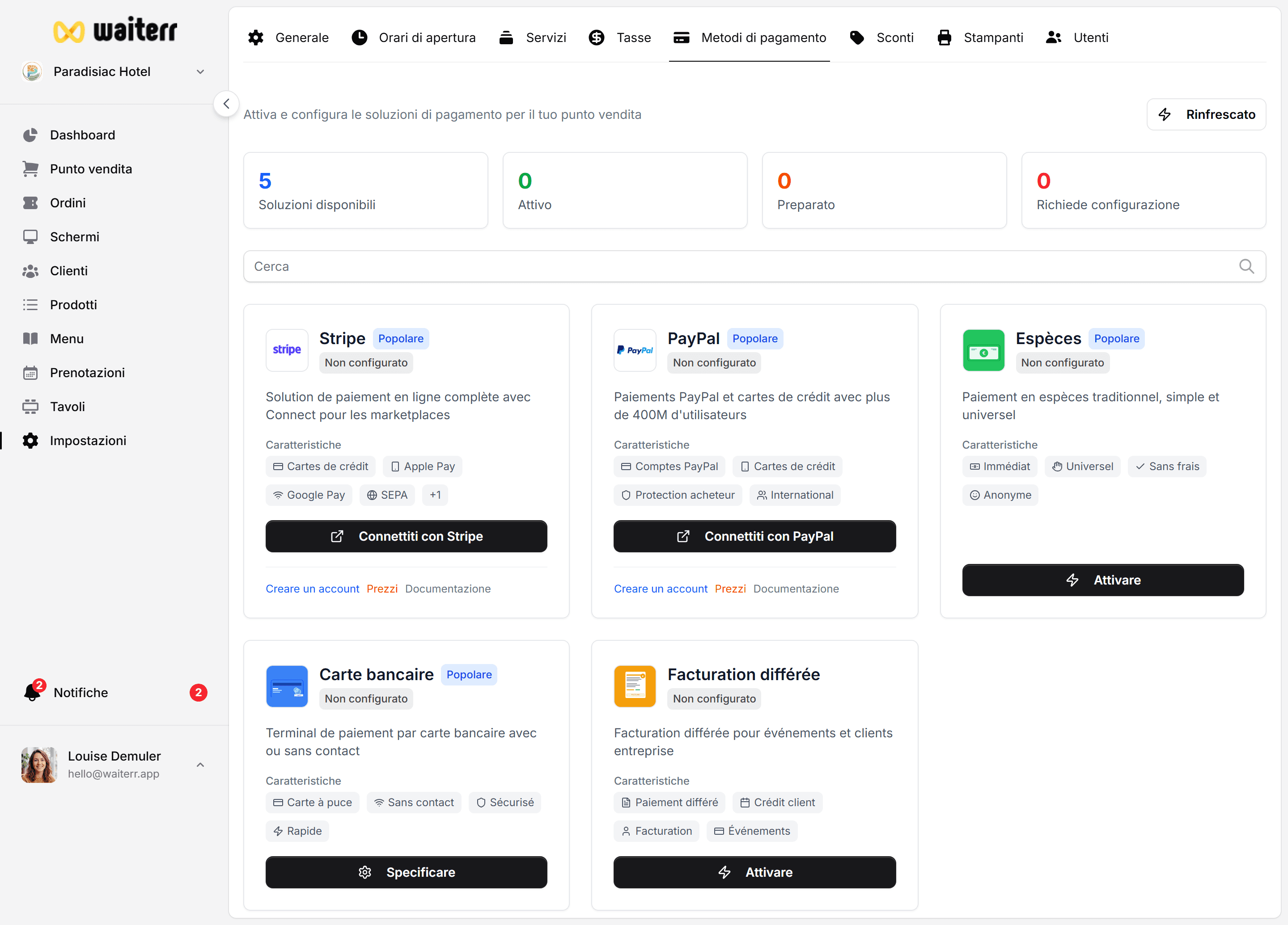 Waiterr Manager — payments settings