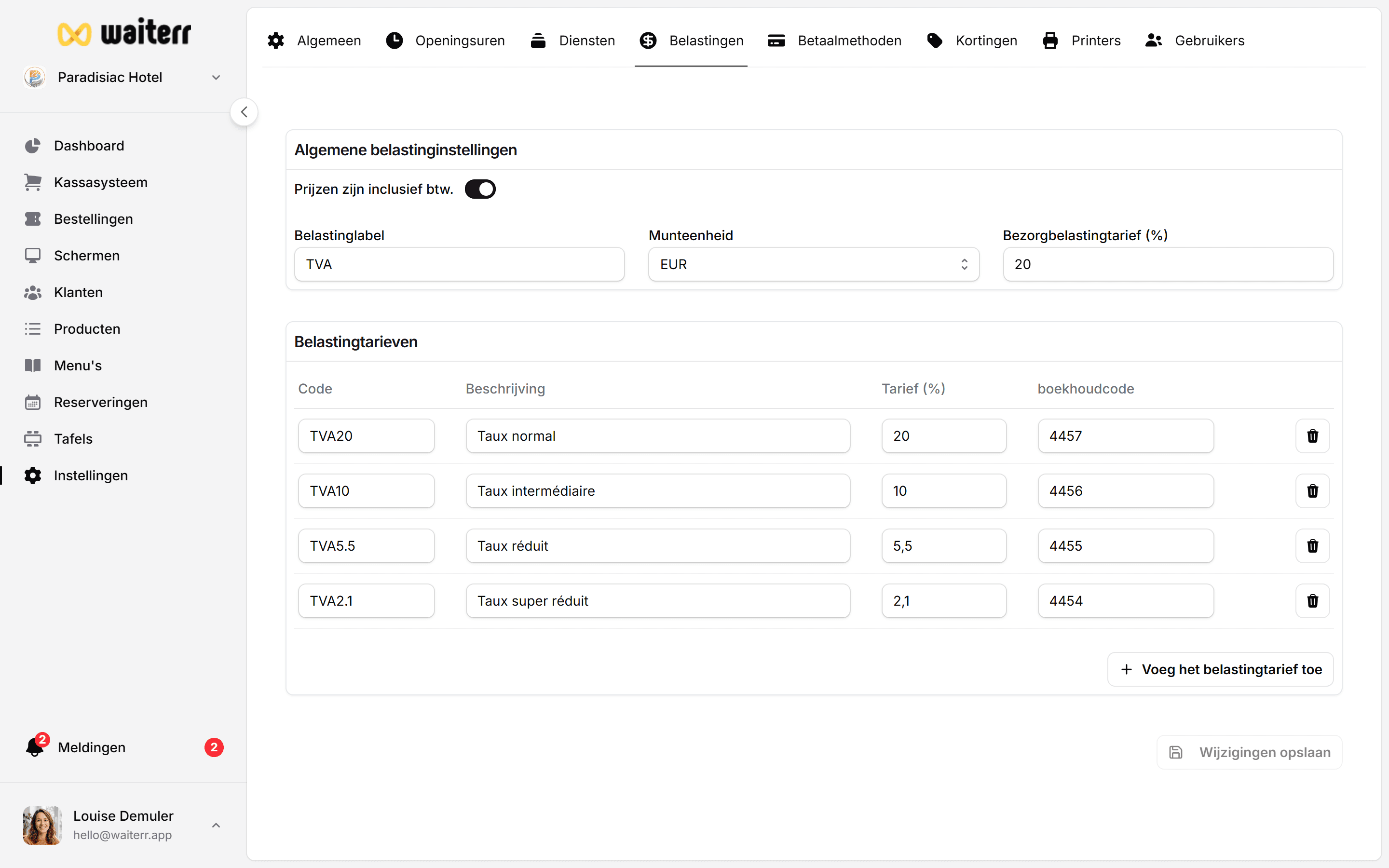Waiterr Manager — taxes rates
