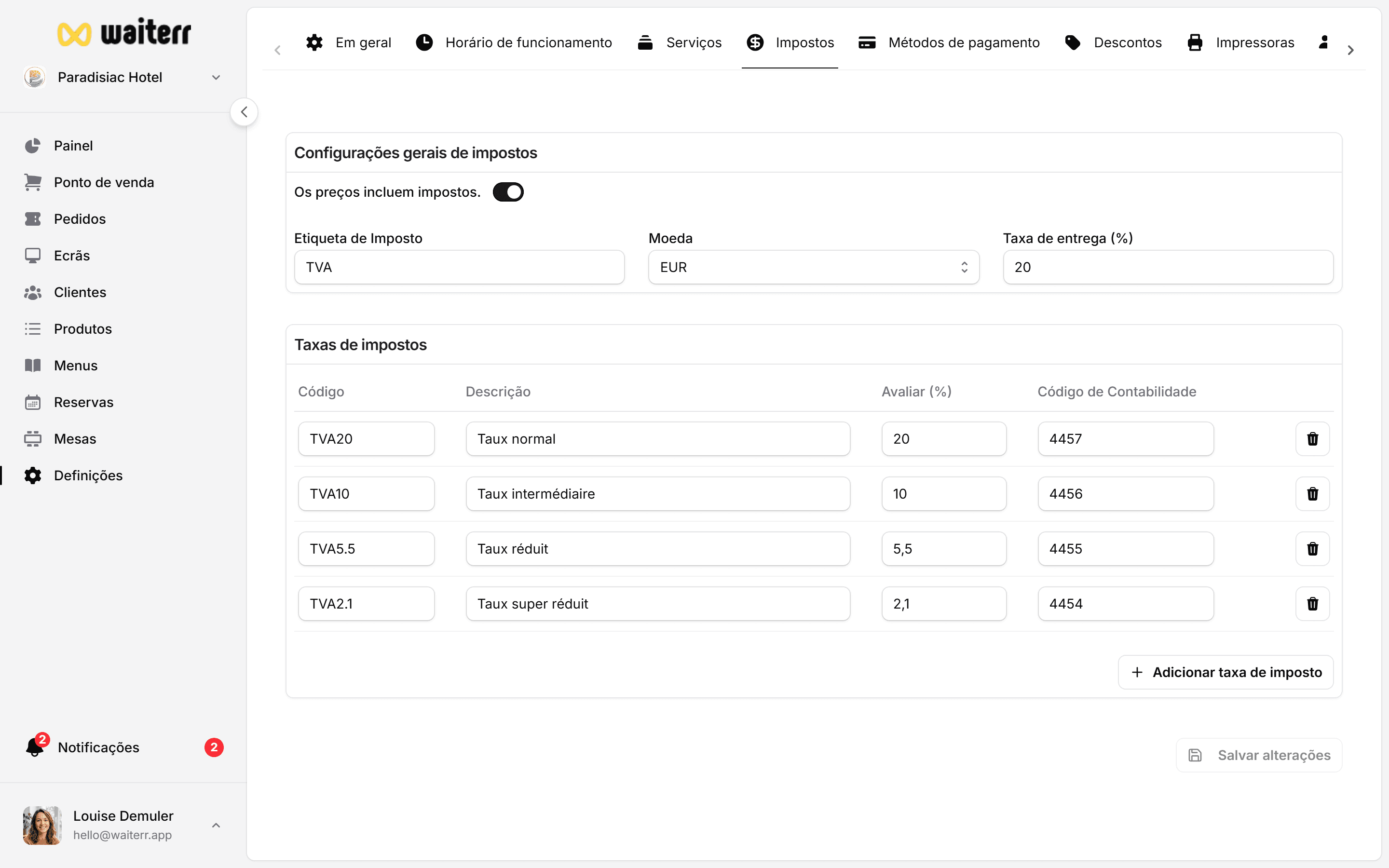 Waiterr Manager — taxes rates